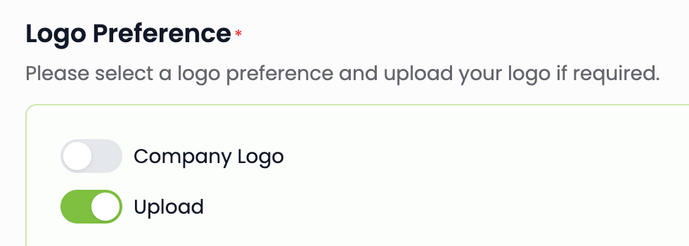 The Logo Preference section of the Add Event form, with the Company Logo toggle off and the Upload toggle on