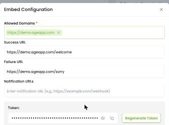 The Embed Configuration window filled in, with allowed domain, success and failure URLs, and the generated token shown masked