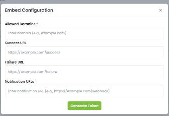 The empty Embed Configuration window showing Allowed Domains, Success URL, Failure URL and Notification URLs above a Generate Token button