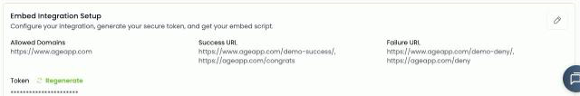 The Embed Integration Setup section on the event page, showing allowed domains, success and failure URLs, a masked token, and the pencil icon used to edit it