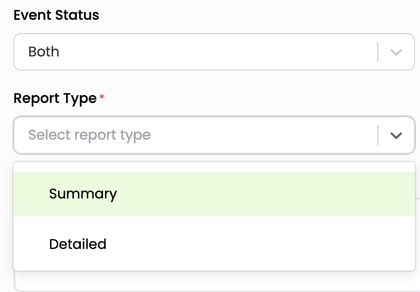 The Report Type dropdown open on the New Report form, showing the Summary and Detailed options